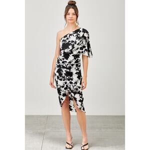 Elegant Black and White Floral One-Shoulder Dress